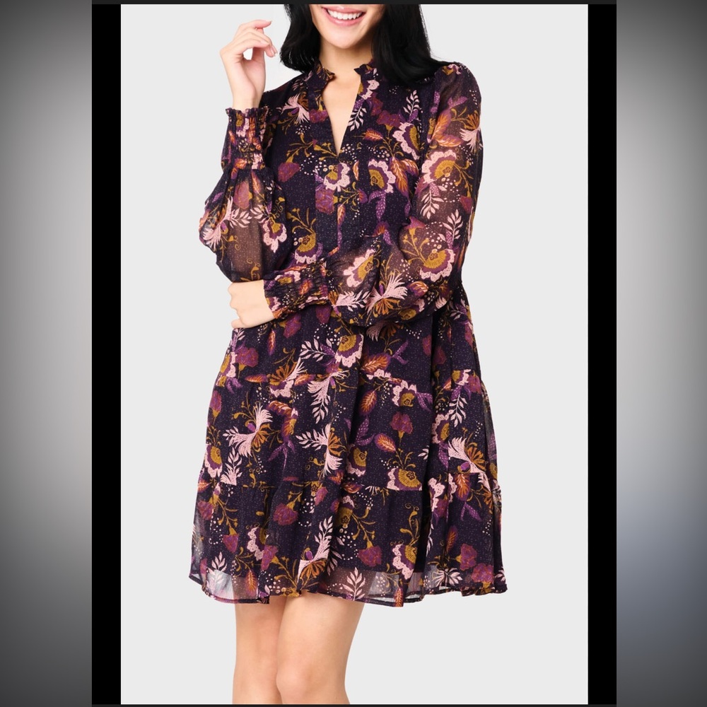 NWT Gibsonlook Purple Floral Tiered Mini Dress with Pink & Gold Accents Boho